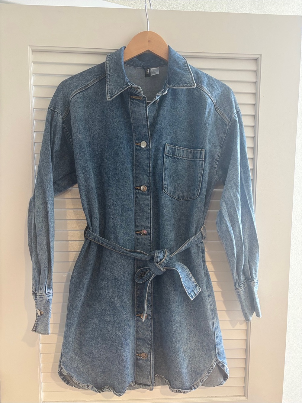 Divided Blue Denim Shirt Dress with Waist Tie